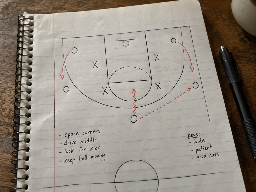 Basketball play diagram on a coaching clipboard